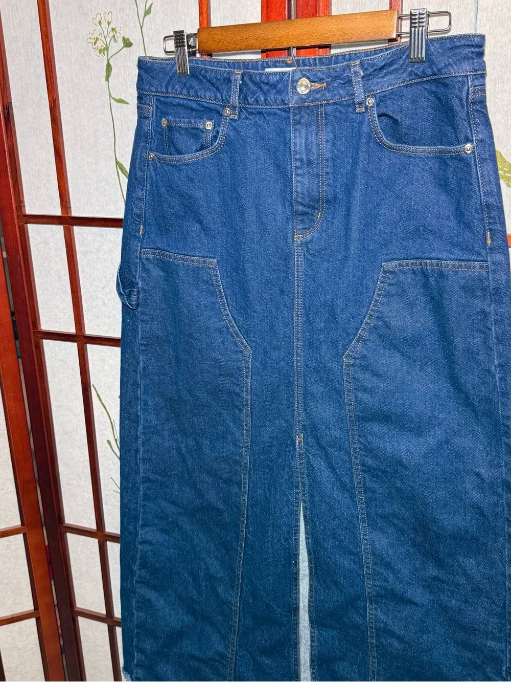 Loft Denim Utility Maxi Skirt Western Carpenter Boho Front Slit Women’s size 6